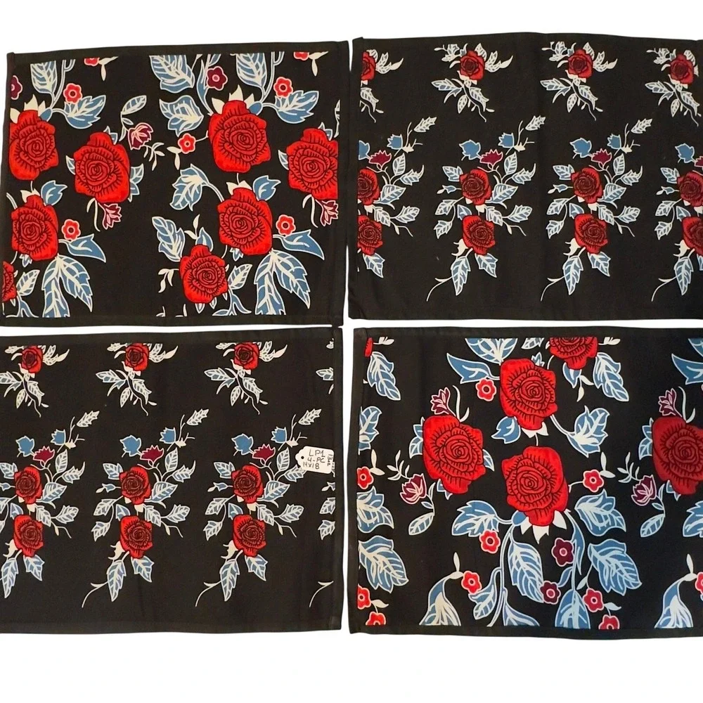 Vintage Style Red Rose Floral Placemats Black Blue 4 Piece Set 14x18 Rectangular